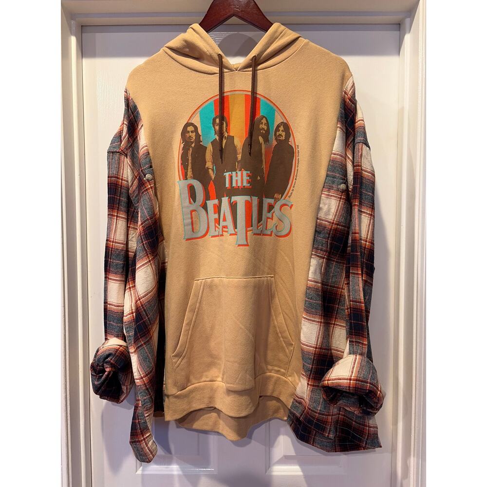 Beatles Upcycled Flannel Sweatshirt Hoodie Shirt Oversized OS